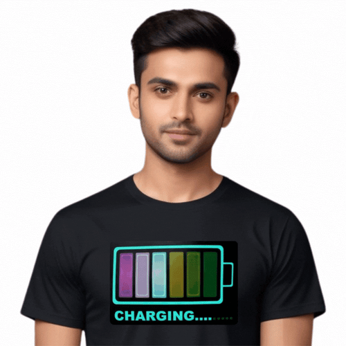 Charging Battery LED Black Cotton T-Shirt