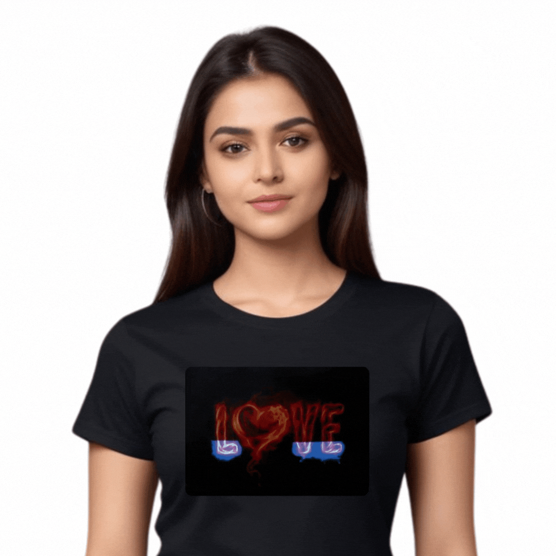 Love Heart LED Black Cotton T-Shirt